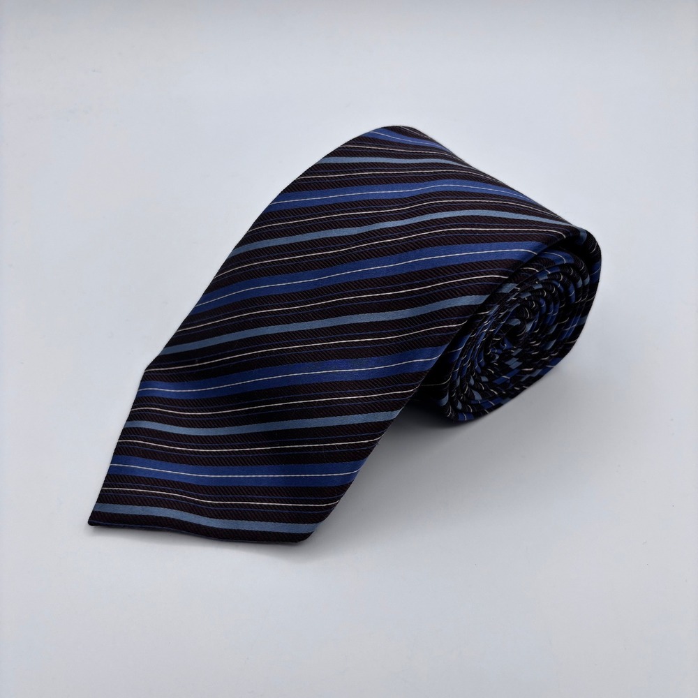 Canali‎ Silk Tie Blue Brown Striped Faile Weave Italian Designer Business Formal